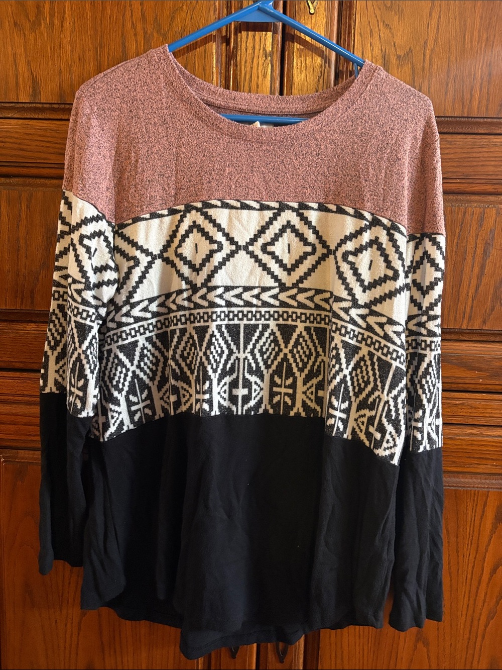Maurices Pink, Cream & Black Geometric Crewneck Sweater